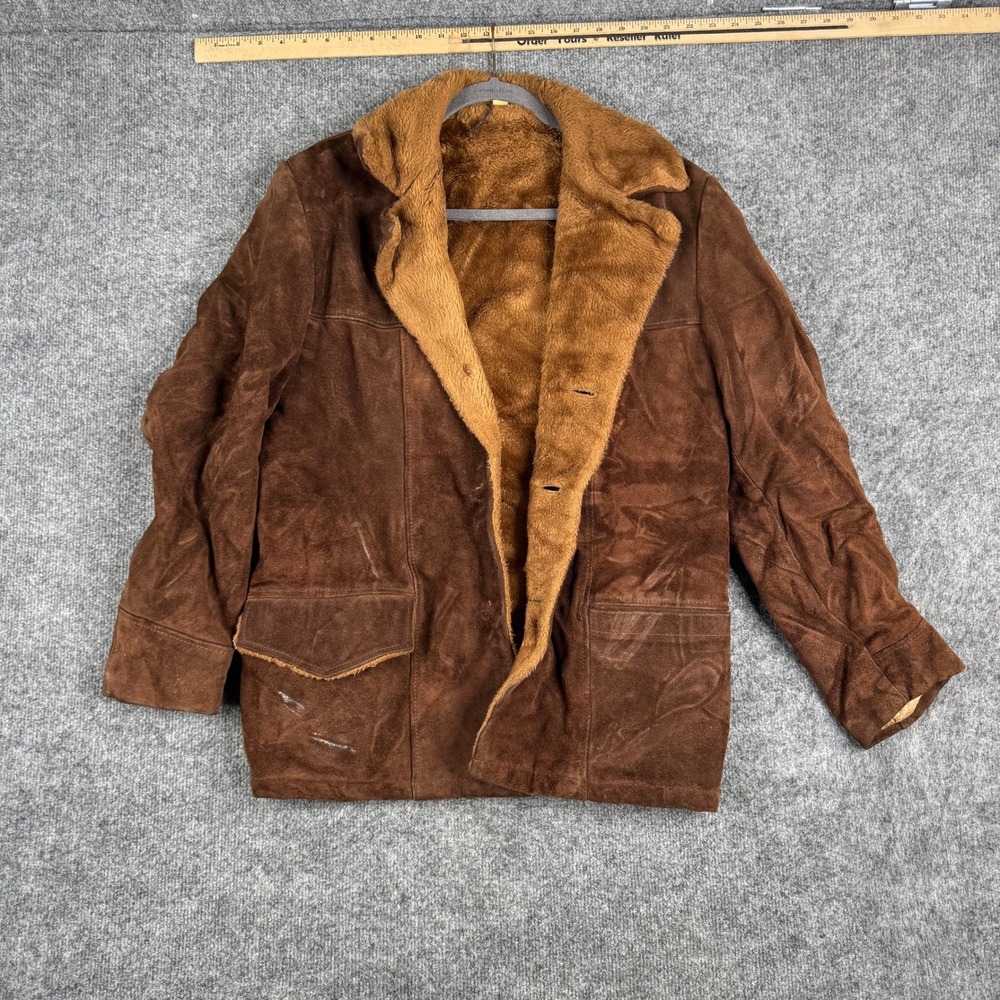Vintage Suede Coat Mens Size 40 Brown Faux Fur Lined Leather Heavy Winter Jacket